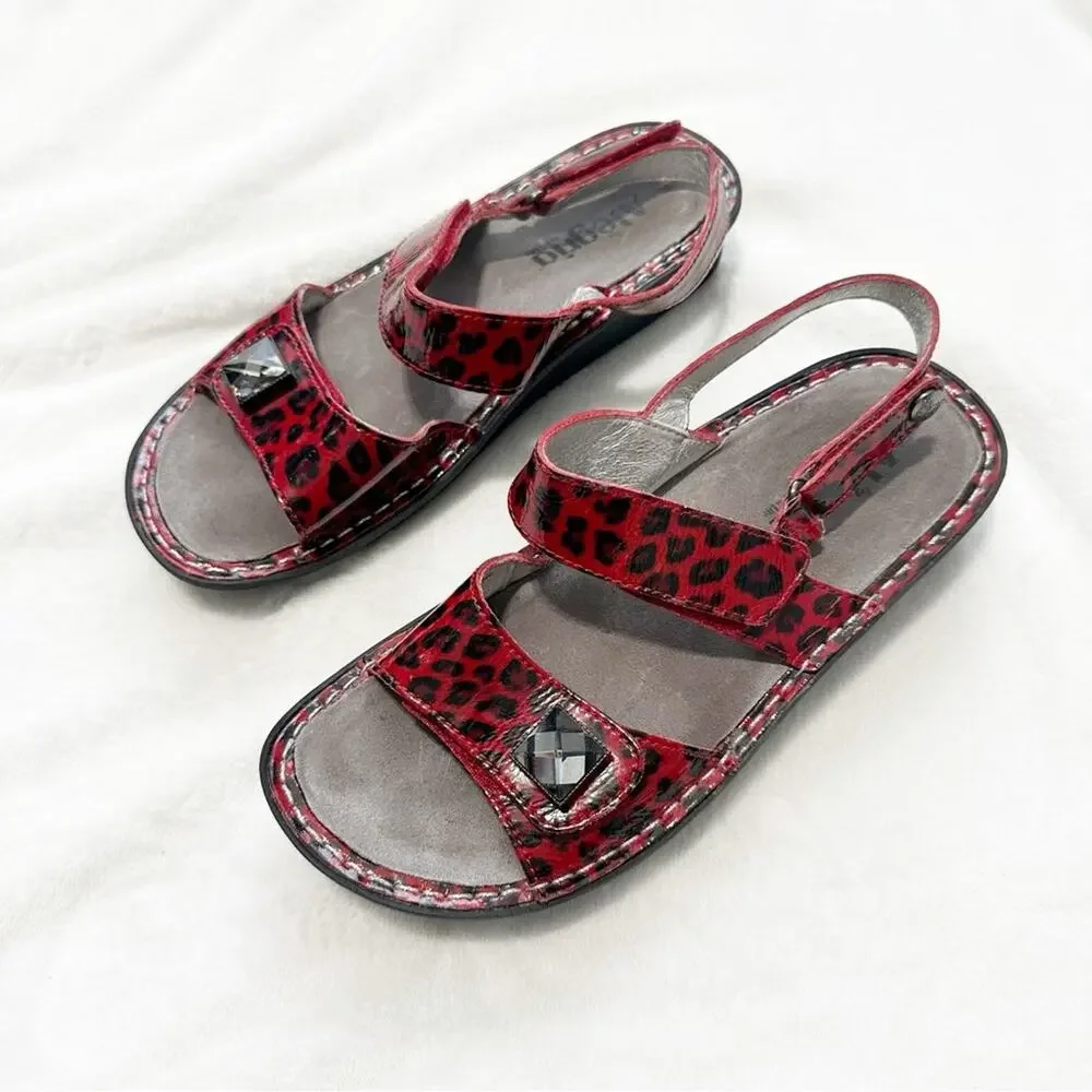 Alegria red snow leopard sandals open toe Velcro silver embellished size 37